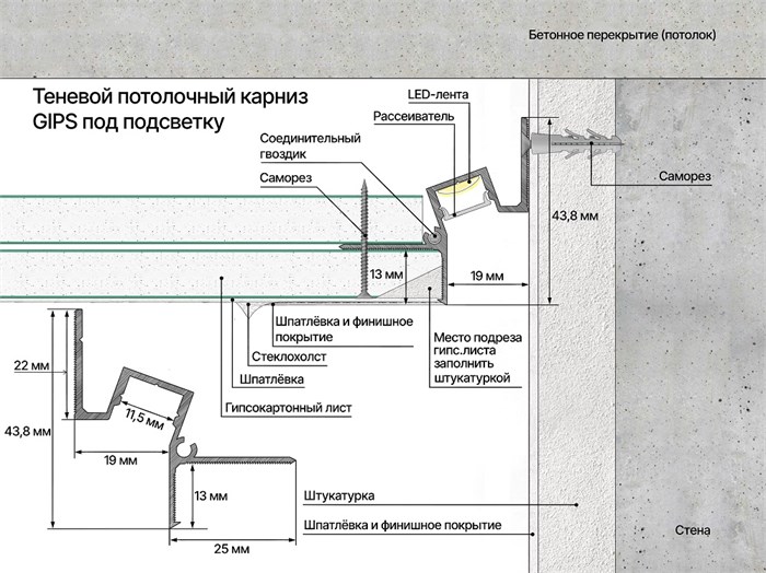 Теневой профиль потолочный GIPS CLASSIC под подсветку, Белый матовый RAL9016 размер (43.8*44.1*3000мм) отступ 19мм. 51-22-300 - фото 5265